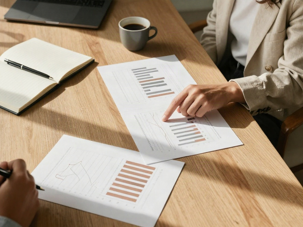 Business analysts reviewing printed performance charts at a warmly lit meeting table